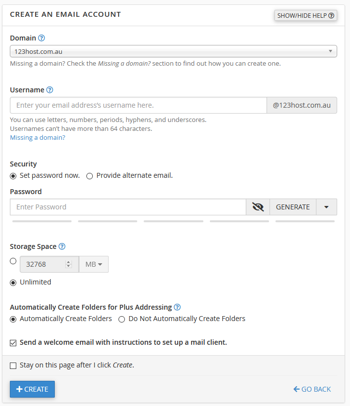 details for creating email address
